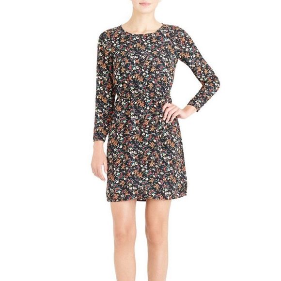J Crew Mercantile Black Versailles Floral Tulip Hem Long Sleeve Short Dress Sz 4 - Picture 1 of 12
